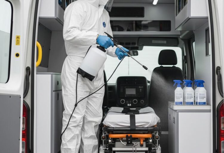 Protocole de désinfection de véhicule sanitaire : produits virucides normes EN 14476